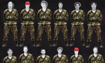 a collage featuring an array of men. an animation puts them in military fatigues, some with Maga hats