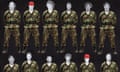 a collage featuring an array of men. an animation puts them in military fatigues, some with Maga hats