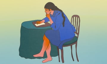 illustration of a woman sitting at a table writing a letter