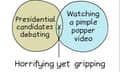 A Venn diagram with ‘Presidential candidates debating’ in one circle and ‘Watching a pimple popper video’ in the other, with the caption ‘Horrifying yet gripping’