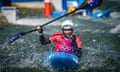 Australia's Noemie Fox crosses the line to win gold in the kayak cross at the Paris 2024 Olympic Games.
