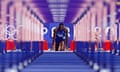 Grant Holloway of United States gets set before the start of his heat in the 110m hurdles.