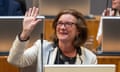 Eluned Morgan raises her hand in the Senedd as she addresses the Welsh government on her first day as first minister