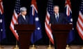 Australian foreign minister Penny Wong and US secretary of state Antony Blinken at a press conference in Maryland after the annual Ausmin talks.