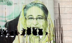 A poster of a veiled older Asian woman with holes in her face