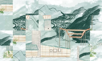 Fragmented illustration of a green melting glacier and yellow prison building
