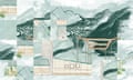 Fragmented illustration of a green melting glacier and yellow prison building