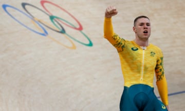Leigh Hoffman of Australia celebrates after winning the bronze medal in the men's team sprint at the Paris 2024 Olympic Games.