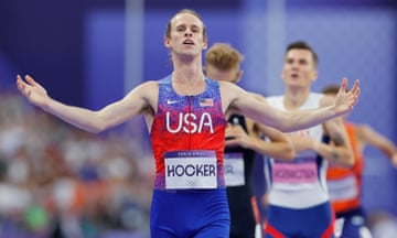 Cole Hocker celebrates as he crosses the line to record his shock victory.