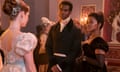 Hannah Dodd as Francesca Bridgerton, Victor Alli as John Stirling and Masali Baduza as Michaela Stirling in Bridgerton
