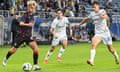 Taras Mykhavko (right) and Mykola Shaparenko close down Rangers’ Ross McCausland.