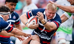 Kaleb Geiger takes the ball up for the New England Free Jacks, against Seattle Seawolves in April.