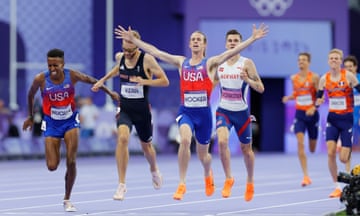 Cole Hocker crosses the line ahead of Josh Kerr, Yared Nuguse and Jakob Ingebrigtsen to win the men’s 1500m.