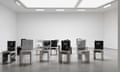 A&amp;L130002,ART &amp; LANGUAGE,Nobody Spoke, 2013-2014,Installation comprising 17 chairs, alogram on canvas over plywood with acrylic and mixed media,3 ‘chairs’, 101.3 x 35.5 x 48.3 cm 7 ‘chairs’, 96.7 x 38 x 44.4 cm 7 ‘chairs’, 92 x 35.5 x 43 cm,1.2 chairs 39.9 x 14 x 19