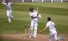 Alzarri Joseph is bowled by Mark Wood at Edgbaston