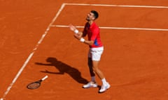 Novak Djokovic begins his celebrations after beating Carlos Alcaraz