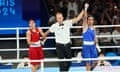 Imane Khelif of Algeria celebrates after her win against Thailand’s Janjaem Suwannapheng.