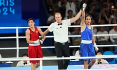 Imane Khelif of Algeria celebrates after her win against Thailand’s Janjaem Suwannapheng.
